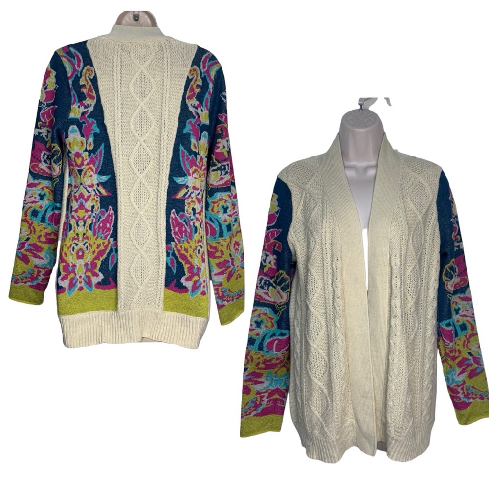 Flying‎ Tomato cable knit floral cardigan sweater sz M - Picture 2 of 11